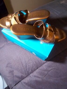 Italian Shoemakers Bronze Metallic Wedge Mules with Decorative Strap